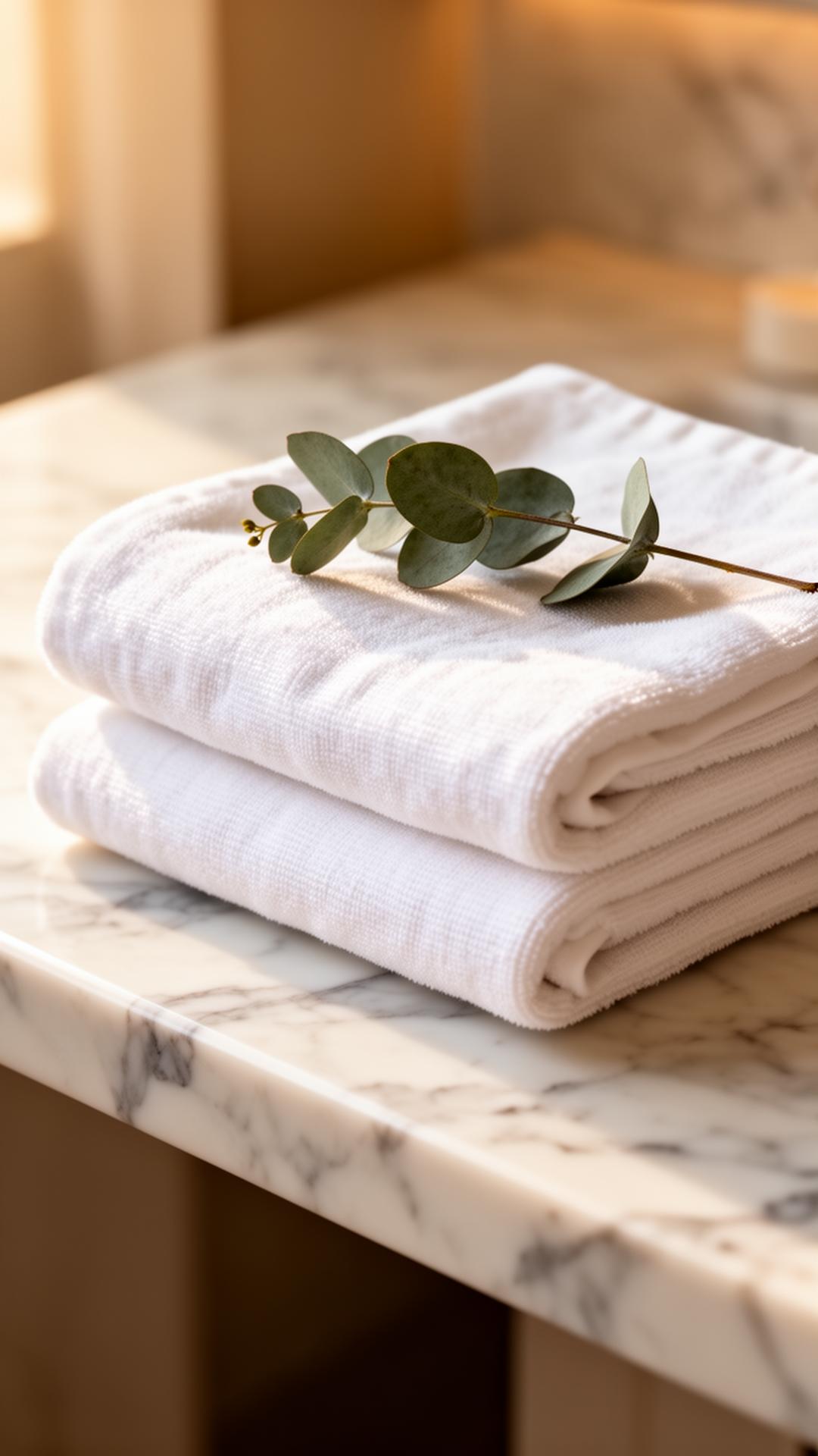 Folded linens with eucalyptus on marble